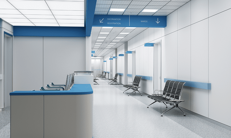 A clean, modern hospital waiting area with chairs and a reception desk.